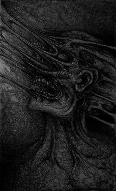 an artistic black and white drawing of a creature's face