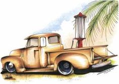 an old truck parked next to a palm tree and a light pole in the background