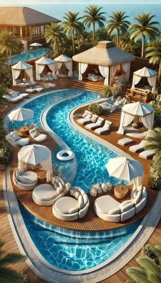 an artist's rendering of a resort pool with cabanas and lounge chairs