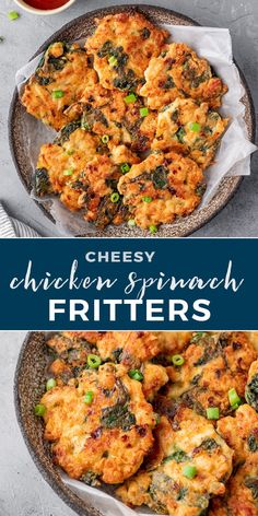 cheesy chicken spinach fritters in a skillet with sauce on the side