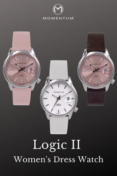 The Logic 2 watch is a mid-size 36mm model that is perfect for women who want a bolder, more legible watch, or men who want a compact, more traditional size watch. It comes standard with virtually scratch-proof sapphire crystal and features a date magnifier for improved legibility. dress watch, women's dress watch, pink dial watch, white dial watch, white dial dress watch White Dial Watch, Watch It, White Dial