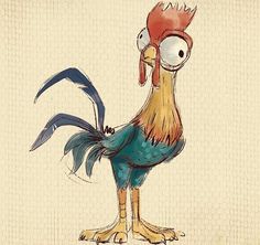 a drawing of a rooster with a red head and blue tail, standing in front of a beige background