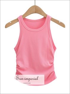 Women Round Neck Ribbed Crop Tank top with Ruched side detail Basic style Spring Workout Ruched Tops, Sporty Ruched Top For Summer, High Stretch Pink Crop Top For Summer, Ruched Tops For Summer Workouts, High Stretch Ruched Tops For Summer, Summer High Stretch Ruched Tops, Imperial Fashion, Table S, Street Clothing