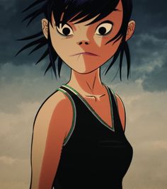 an anime character with black hair looking at the camera while standing in front of a cloudy sky