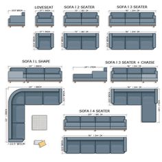 a blue couch and loveseat are shown with measurements for each seat in the room