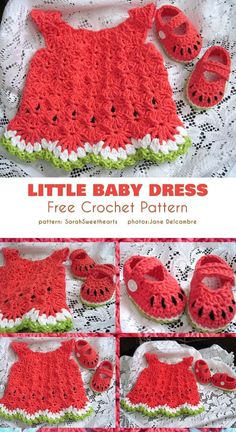 crocheted baby dress and booties with watermelon design