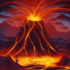 a painting of a volcano in the middle of a night sky with bright orange and red lights