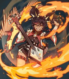 an anime character holding a guitar in front of some fire and flames on the ground