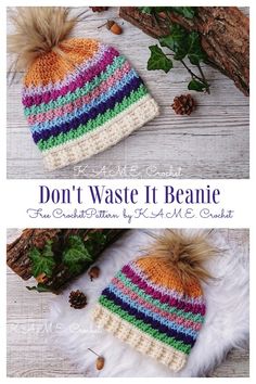 two knitted hats with pom poms on top and the words don't waste