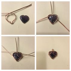 four pictures showing the process of making wire wrapped heart pendants with wire and copper