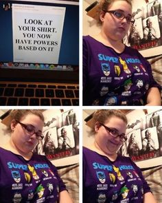 four different pictures of a woman with glasses and a t - shirt that says, look at your shirt, you know happopers base on it