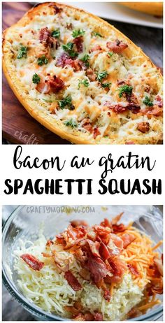 bacon and garni spaghetti dish with text overlay that reads bacon an garni spaghetti