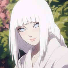 an anime character with white hair and blue eyes