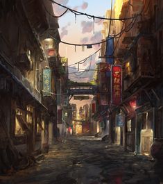 a painting of an alley way with signs hanging from the buildings and people walking down it