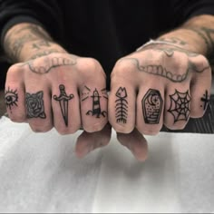 two hands with different tattoos on them