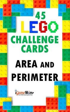 the lego challenge card for area and perimeter is shown in multicolored plastic blocks