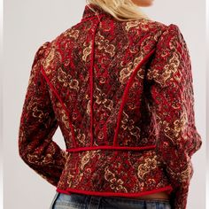 Size S Nwt Red Fitted Long Sleeve Outerwear, Fitted Red Long Sleeve Outerwear, Boho Jacket, Free People Jacket, Quilted Fabric, Long Puff Sleeves, Quilted Jacket, Quilt Fabric, Abstract Print