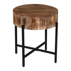 a round wooden table with metal legs