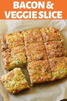 bacon and veggie slice cut into squares on top of parchment paper with text overlay