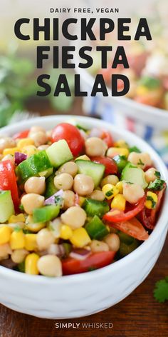 chickpea fiesta salad in a white bowl on a wooden table with text overlay