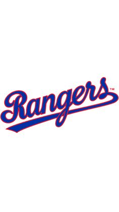 the word rangers in red and blue on a white background with an orange baseball bat