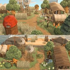 two pictures of farm land with animals and windmills in the middle one has a red roof