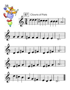 sheet music with clowns and musical notes