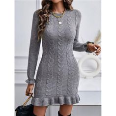 -Item Id 22748956 -Details: Cable-Knit, Ruffle Hem -Neckline: Round Neck -Sleeve Type: Flare Sleeve -Style: Casual -Waist Line: Natural -Hem Shaped: Flounce -Color: Grey -Pattern Type: Plain -Sleeve Length: Long Sleeve -Length: Short -Fit Type: Regular Fit -Fabric: Medium Stretch -Material: Knitwear -Composition: 100% Polyester -Care Instructions: Hand Wash Or Professional Dry Clean -Temperature: Spring/Fall (18-25/63-77) -Sheer: No **Open To Offers!!!** **Bundle To Save More** **30% Off Bundles Hem Sweater, Classy Chic, Grey Pattern, Fabric Medium, Chic Boutique, Boutique Dresses, Flared Sleeves, Ruffle Hem, Sleeve Type