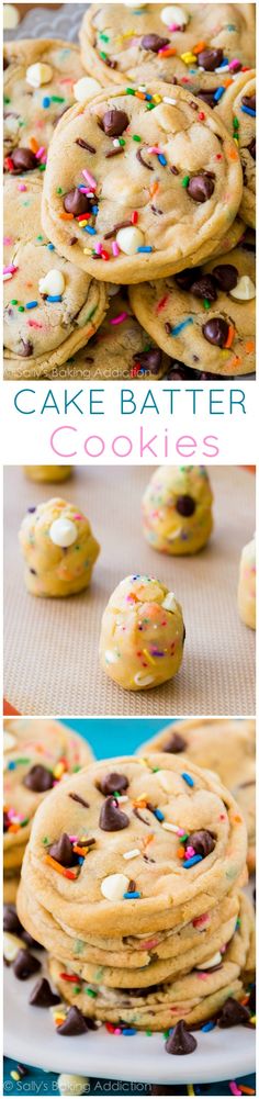 cake batter cookies with sprinkles and chocolate chips in the middle are stacked on top of each other