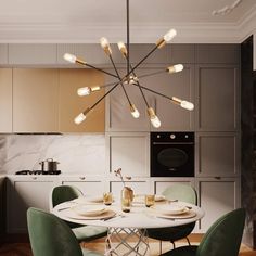 a dining room table with green chairs and a chandelier hanging from the ceiling