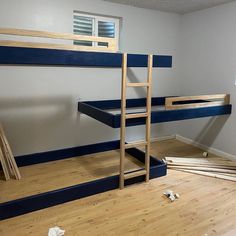 there is a bunk bed in the middle of this room with blue paint on the walls