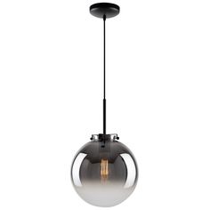 a black and white light fixture with a glass ball hanging from it's side