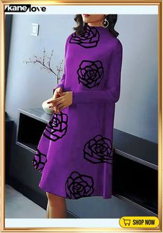 Women's Casual Dress Winter Dress Floral Print Stand Collar Midi Dress Fashion Streetwear Outdoor Daily Long Sleeve Loose Fit Yellow Wine Blue Fall Winter S M L Xl 2xl Purple Knee-length Winter Dress, Purple Long Sleeve Midi Dress For Fall, Purple A-line Midi Dress For Fall, Purple Midi Dress For Winter, Purple Knee-length Midi Dress For Fall, Casual Dress Winter, Dresses Casual Winter, Dress Winter, Winter Dress