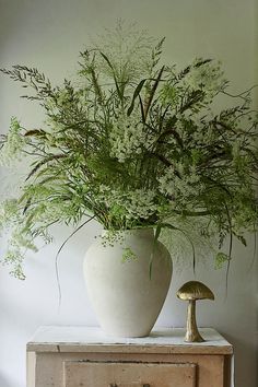 a white vase filled with lots of green plants on top of a wooden dresser next to a mushroom