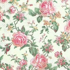 pink roses on white background with green leaves and flowers all over the placemats