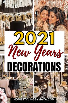 new year's eve party decorations with the words, 2021 new years decorations on it