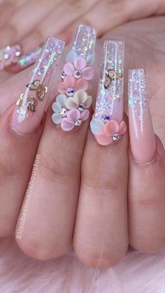 Quinceanera Nails, Long Acrylic Nail Designs, Nails Design With Rhinestones, Cute Acrylic Nail Designs, Pretty Nail Art Designs, Long Acrylic Nails Coffin, Bling Acrylic Nails, Pink Acrylic Nails, Luxury Nails