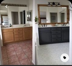 before and after pictures of a bathroom remodel with wood cabinets, tile floor