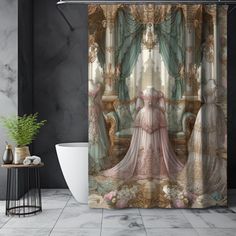 a shower curtain with an image of two women in dresses