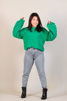 This Bubble Sleeve Sweater will be a fast favorite for everyday outfitting!💚 -Color: Kelly Green -Round neck -Oversized relaxed fit -Perfect bubble sleeves -Very soft & stretchy -Content: 77% Acrylic, 20% Nylon, 3% Spandex -Hand wash cold/ Line dry -Imported -Model is 5'1" 36-30-40 and wearing a size Small Bubble Sleeve Sweater, Bubble Sleeve, Kelly Green, Sweater Sleeves, Sleeve Sweater, Round Neck, Bubbles, Hand Wash, Relaxed Fit