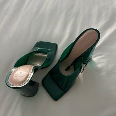 Zara Shoes Size 7 1/2 Brand New Casual Green Heels With Heel Strap, Green Square Toe Heels For Spring, Spring Green Square Toe Heels, Casual Green Square Toe Sandals, Trendy Green Mules With Padded Heel, Green Synthetic Sandals With Square Toe, Green Synthetic Square Toe Sandals, Green Square Toe Synthetic Sandals, Green Square Toe Sandals For Party