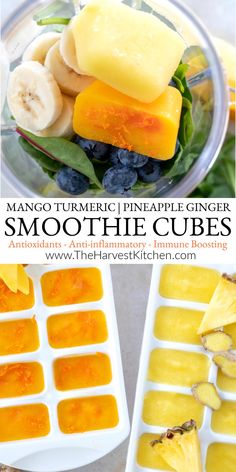 mango and pineapple ginger smoothie cubes with blueberries, bananas, and other fruit