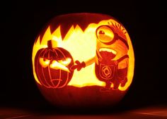 a pumpkin carved to look like an angry bird and minion holding hands with each other