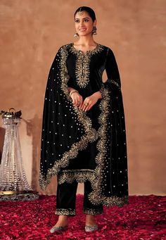 Black velvet pakistani suit 4100B Desc: Style : Pakistani Salwar Kameez Color : Black Fabric : Viscose Velvet Work : Embroidery Sequence Wash Care : Dry clean Sleeve Style : Quarter Sleeve Long Sleeves : Done only in Custom Stitch Sleeves Lining : Done only in Custom Stitch Bust Size : 32 to 42 Inches Occasion : Wedding Eid Mehendi Sangeet Reception Ceremonial Engagement. With Express Free Shipping Buy Indian Party wedding wear bridal Anarkali Salwar Black velvet pakistani suit 4100B online in U Pakistani Velvet Suits, Green Velvet Pants, Blue Velvet Fabric, Trouser Suit, Salwar Kamiz, Velvet Suit, Embroidered Pants, Designer Salwar Suits, Pakistani Suits