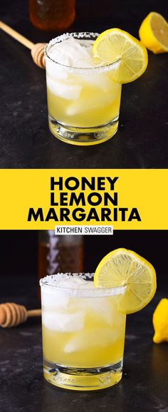 two glasses filled with honey lemon margaritas