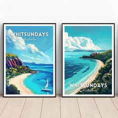 two posters on the wall showing different views of an island and beach with sailboats