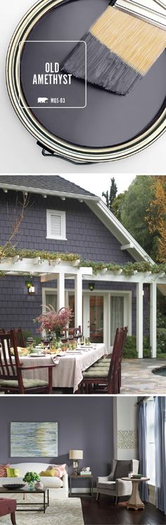 the front and side of a house with different furniture in it, including a dining room table