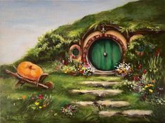 a painting of a hobbot house with an orange in the foreground and flowers around it