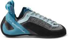 the la sportiva climbing shoe is shown in blue and grey