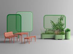 three green planters with plants in them next to two small tables and one bench